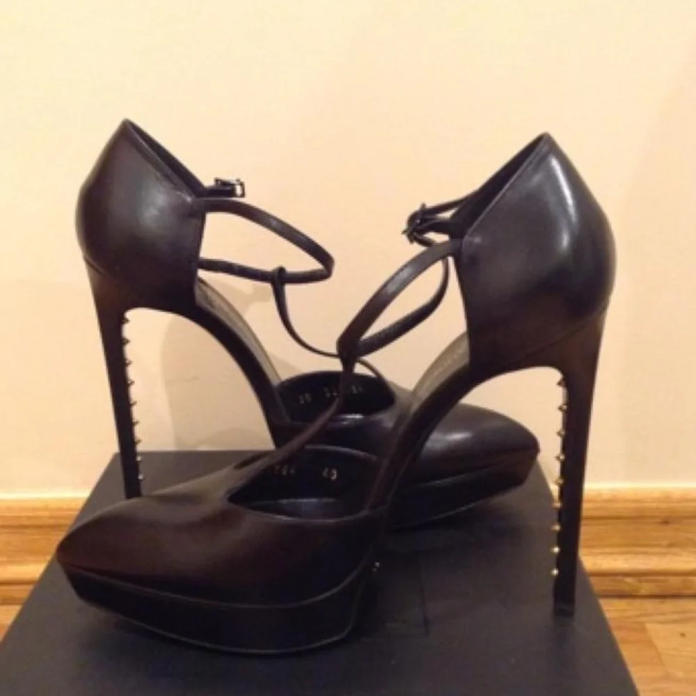 EUC Saint Laurent Janis Black Women's Studded Platform Heels - Picture 2 of 11